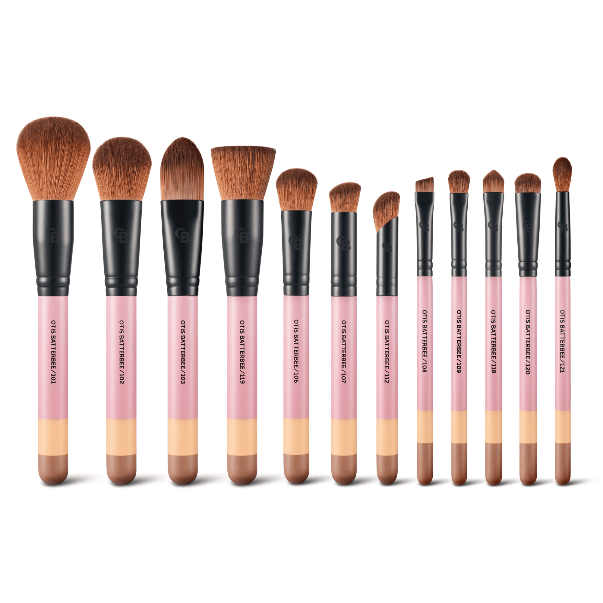 Twelve makeup brushes that include some of Otis&