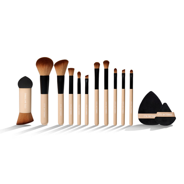 Camera-ready makeup tools including powder puffs, makeup brushes and blending sponges.