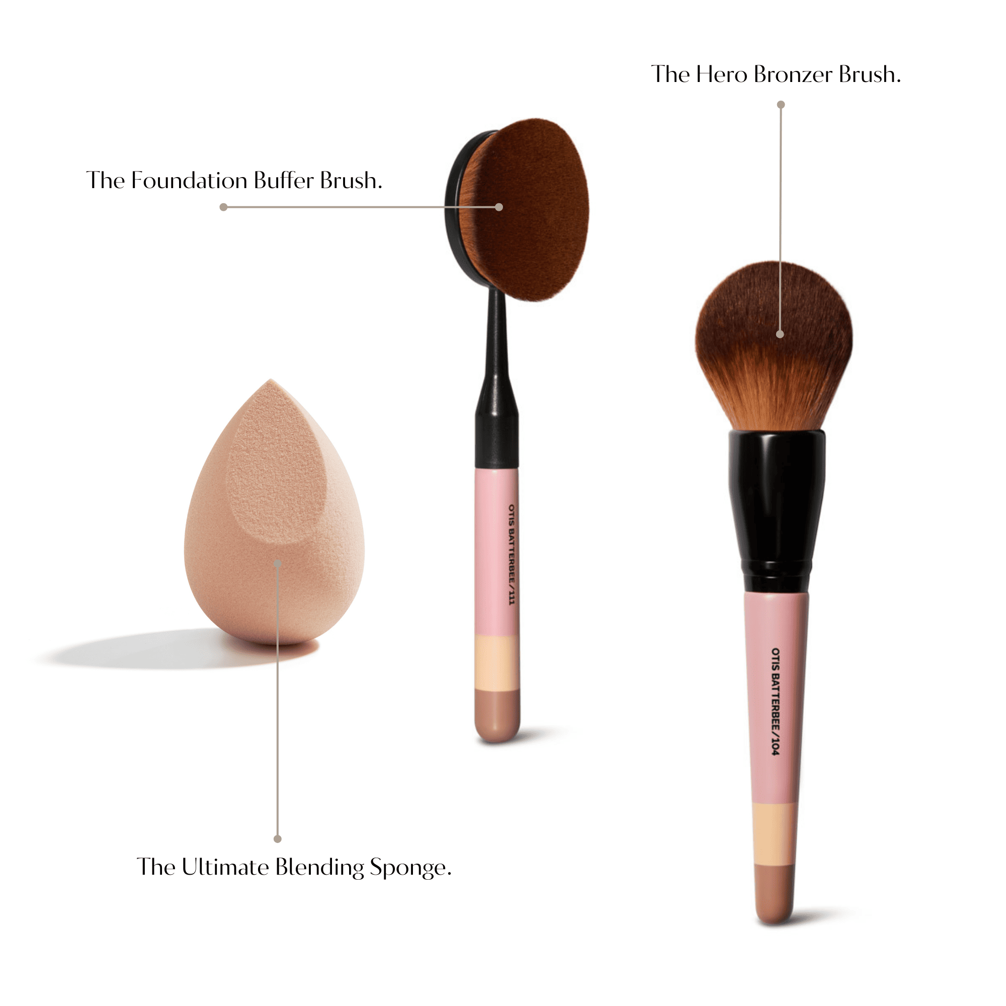 Makeup brushes by Otis Batterbee. Bronzer brush along with Foundation brush and also makeup sponge.