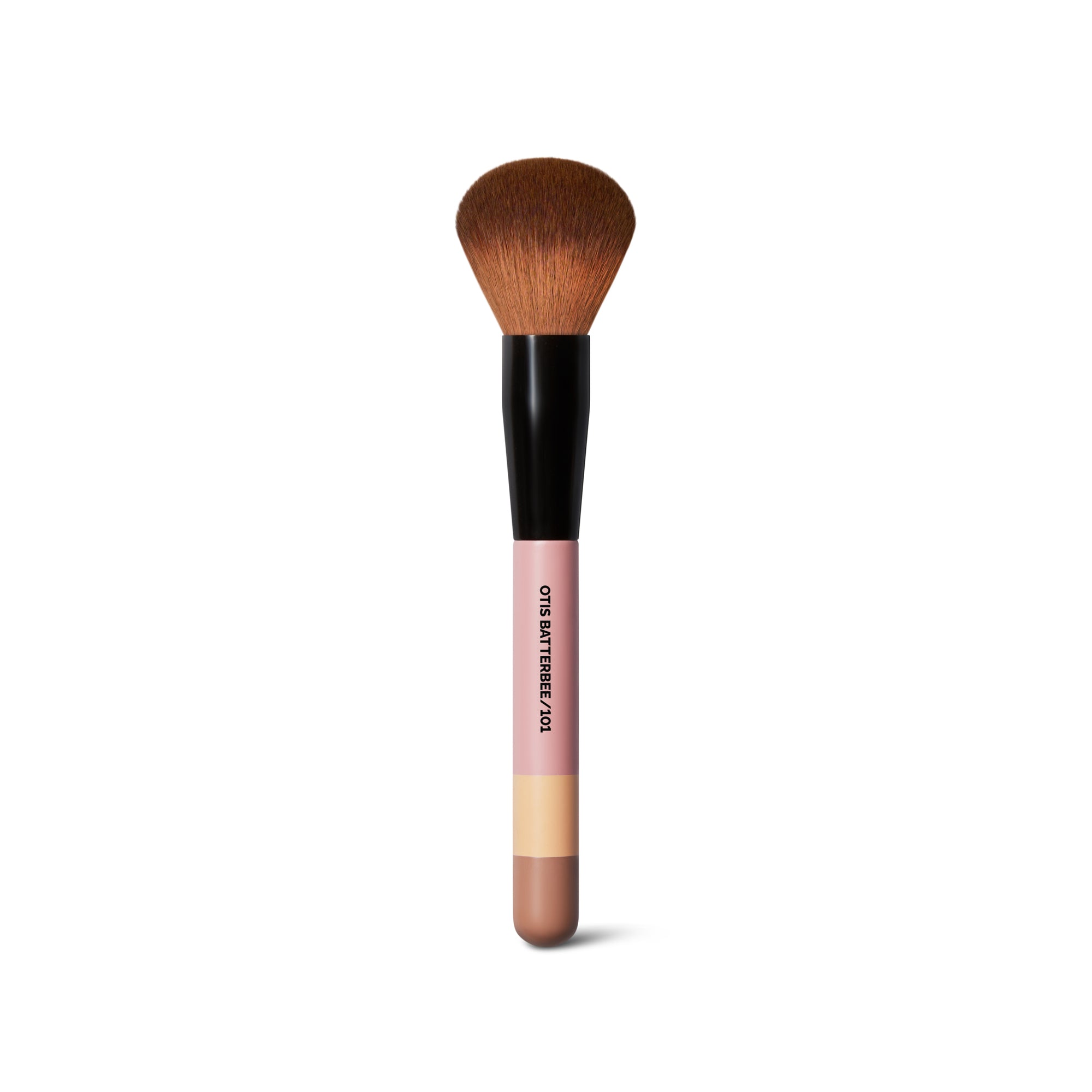 Otis Batterbee Powder Makeup Brush – fluffy vegan nylon bristles with a sleek pink wooden handle, evenly distributes loose or pressed powder for a radiant, natural finish
