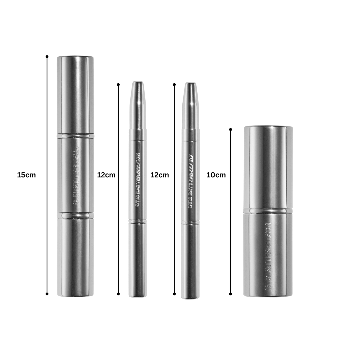 Travel makeup brushes by Otis Batterbee. Retractable blusher brush, retractable powder brush and two retractable lip and retractable brow brushes.