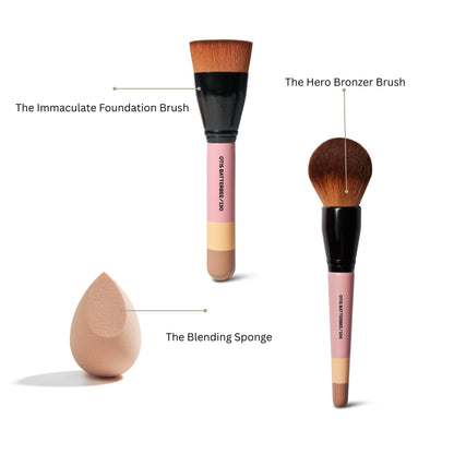 The immaculate foundation makeup brush along with the ultimate bronzer makeup brush and our signature makeup sponge.