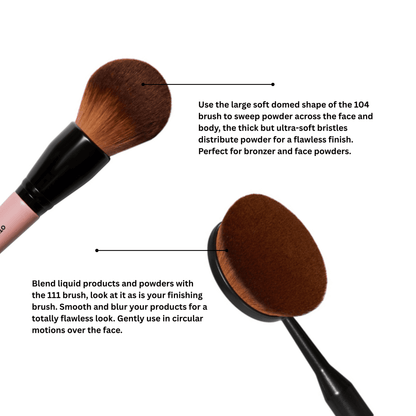 Part of the seven piece brush set features our round blending makeup brush and the large bronzer makeup brush by Otis Batterbee.