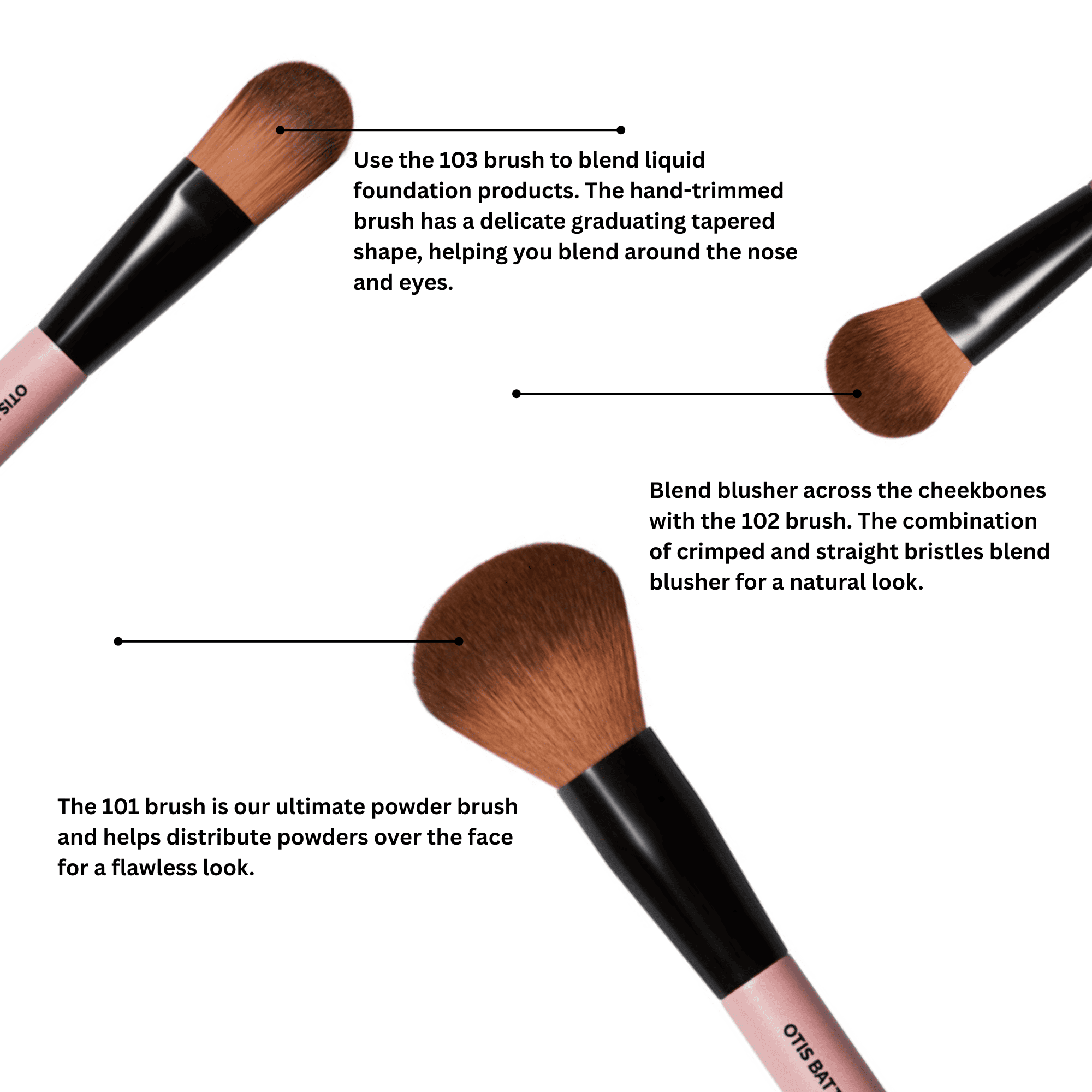 Seven piece makeup brush set by Otis Batterbee with Powder brush along with Blusher brush and Foundation brush.
