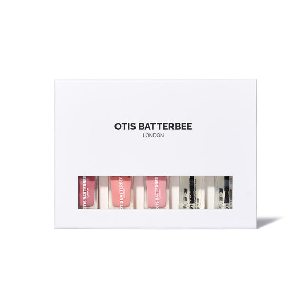 Pink nail polish set by Otis Batterbee, The Nail Bar In A Box has a top coat, base coat and crystal nail file.
