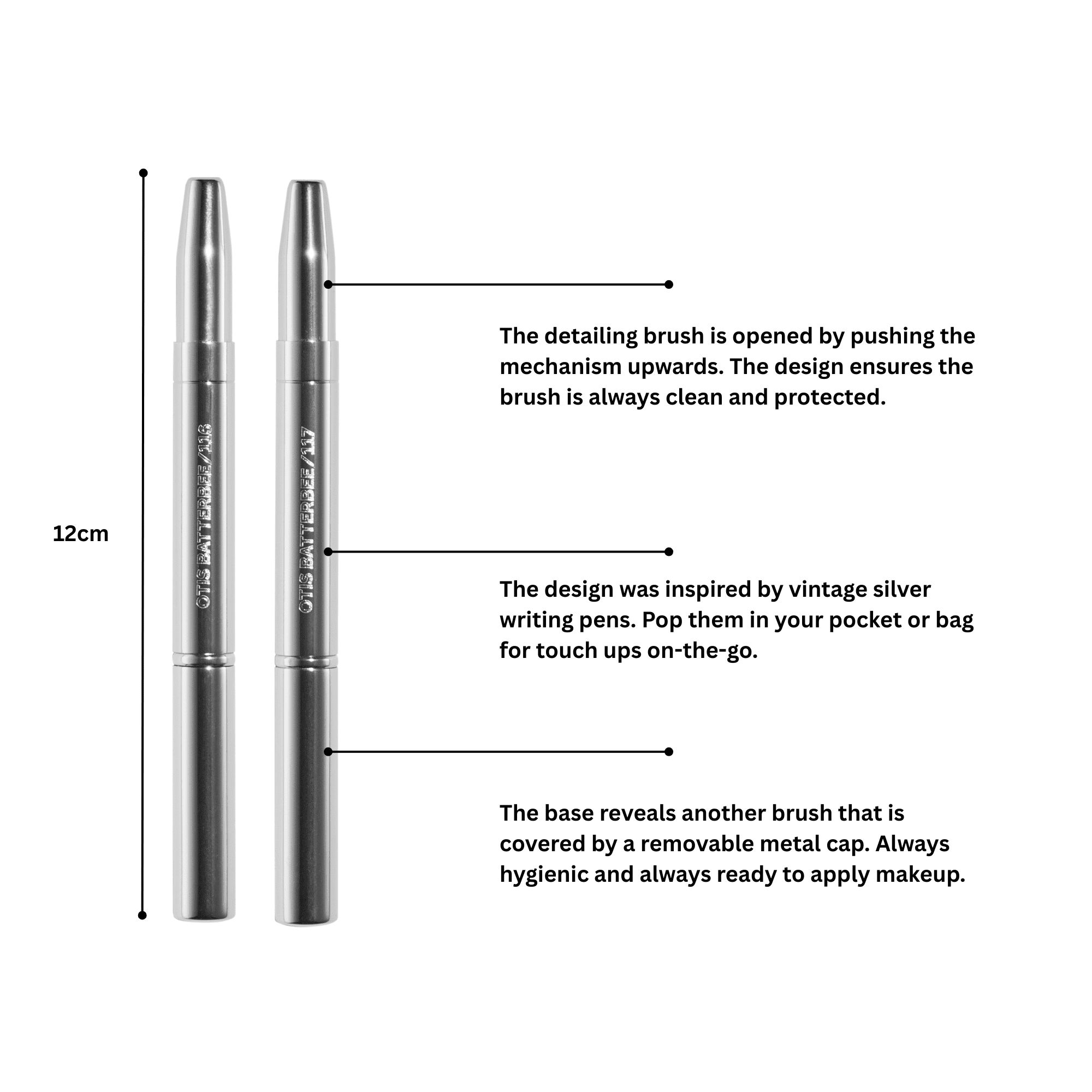 Discover the new Otis Batterbee retractable lip and brow makeup brushes. Use these retractable makeup brushes to touch-up lips and brows. Shop the retractable brow and retractable lip makeup brushes.