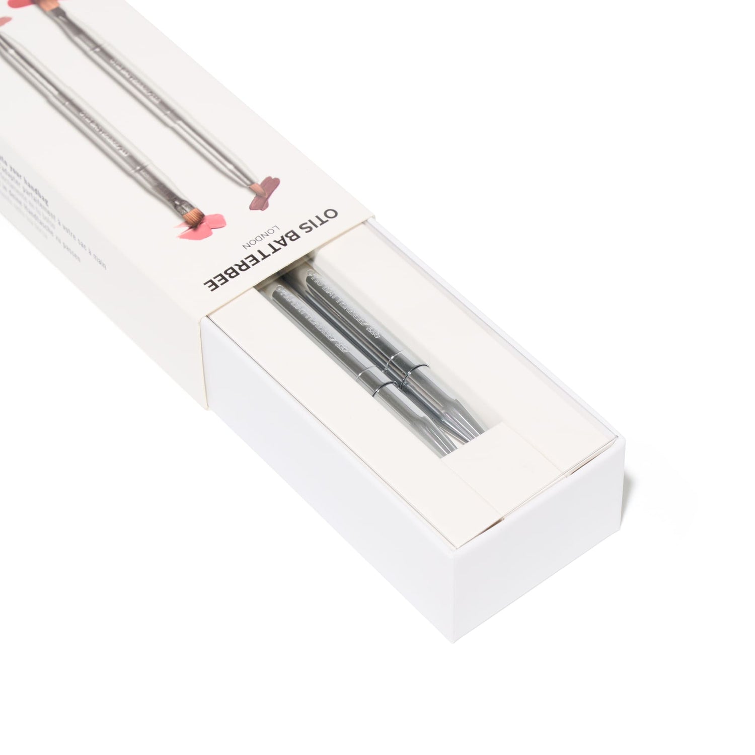 Silver pocket size makeup brushes by Otis Batterbee. Perfect for handbags and purses.