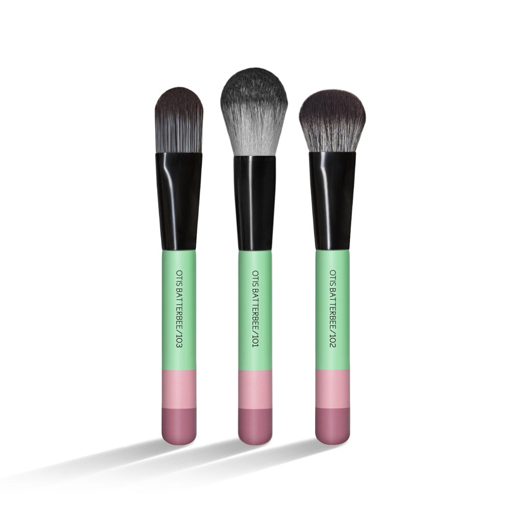Makeup brush set with our foundation brush, powder brush and blusher brush.